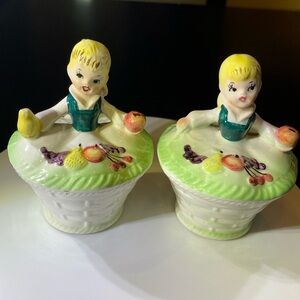 Vintage RARE  Ucagco Blonde Girl In Fruit Basket Salt and Pepper Shakers